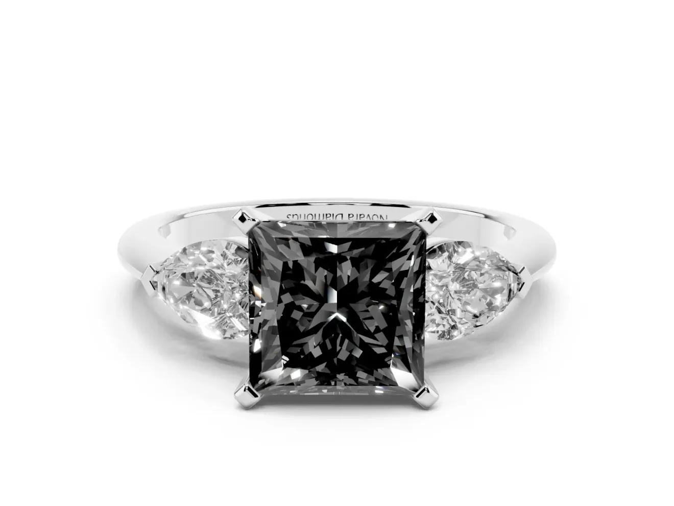 Princess Cut Three-Stone Engagement Ring Setting for a Black Center | Pear Side Stones | Platinum