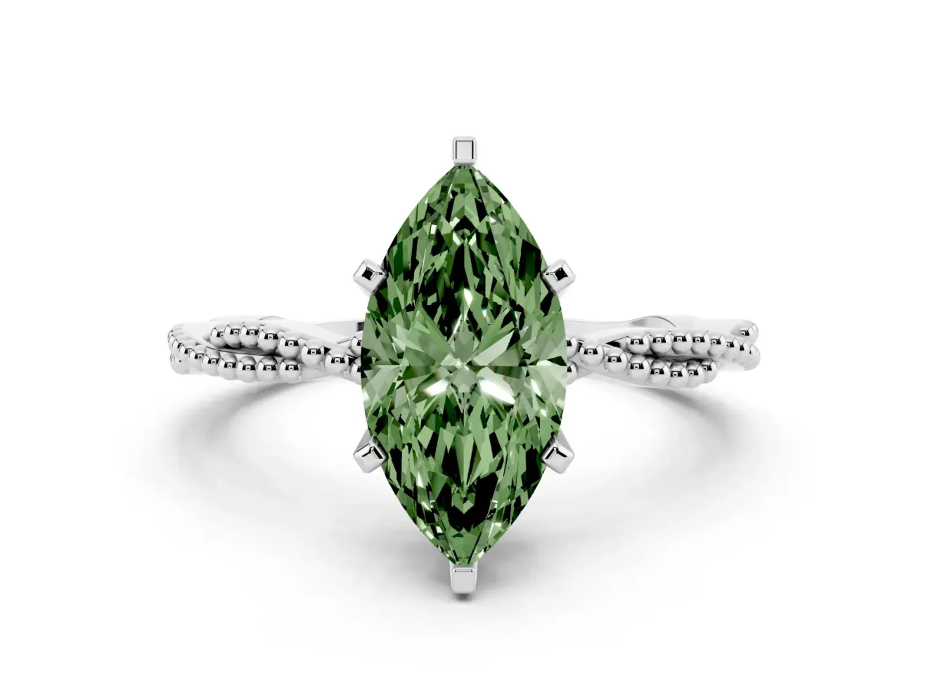 Fancy Green Marquise Cut Diamond Solitaire Ring Set in Platinum with Twisted Band and Bead Prong Setting