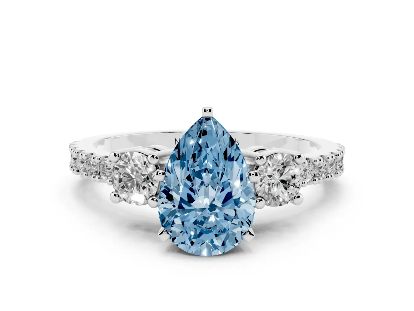 Fancy Blue Three-Stone Pear Cut Diamond Pavé Band Ring Set in Silver with Prong Setting