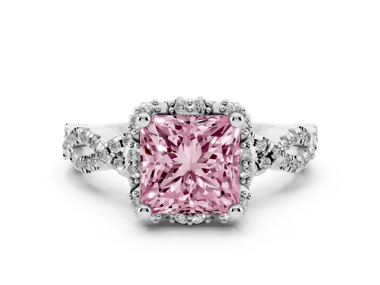 Princess Cut Milgrain Halo Engagement Ring Setting for a Fancy Pink Lab-Grown Diamond | Graduated Shoulders | White Gold
