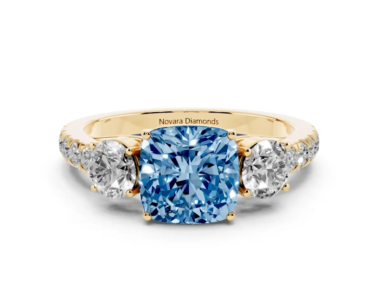 Cushion Cut Engagement Ring Setting for a Fancy Blue Lab-Grown Diamond | Three Stone | Yellow Gold