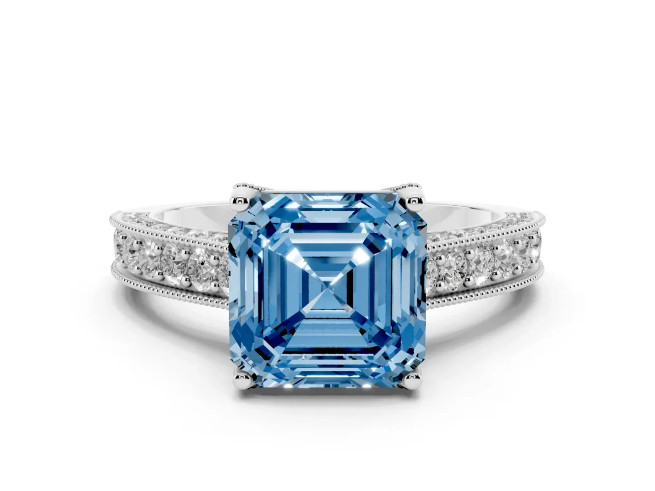 Asscher Cut Hidden Halo Engagement Ring Setting for a Fancy Blue Lab-Grown Diamond | Milgrain Pave | Platinum