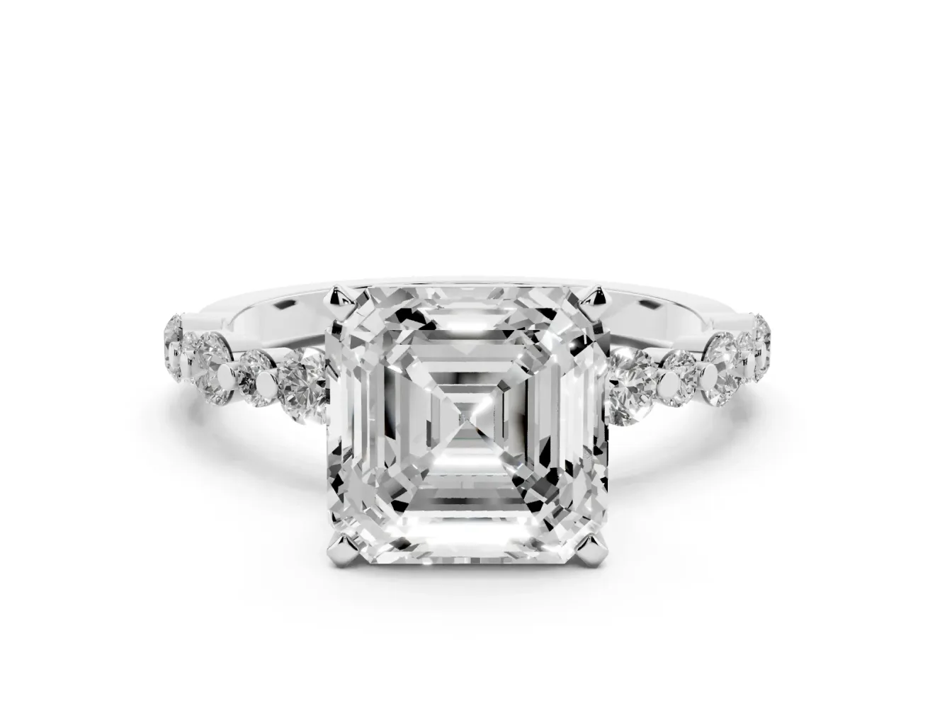 Asscher Cut Diamond Prong Set Engagement Ring Set in Platinum with Round Accent Pavé Band