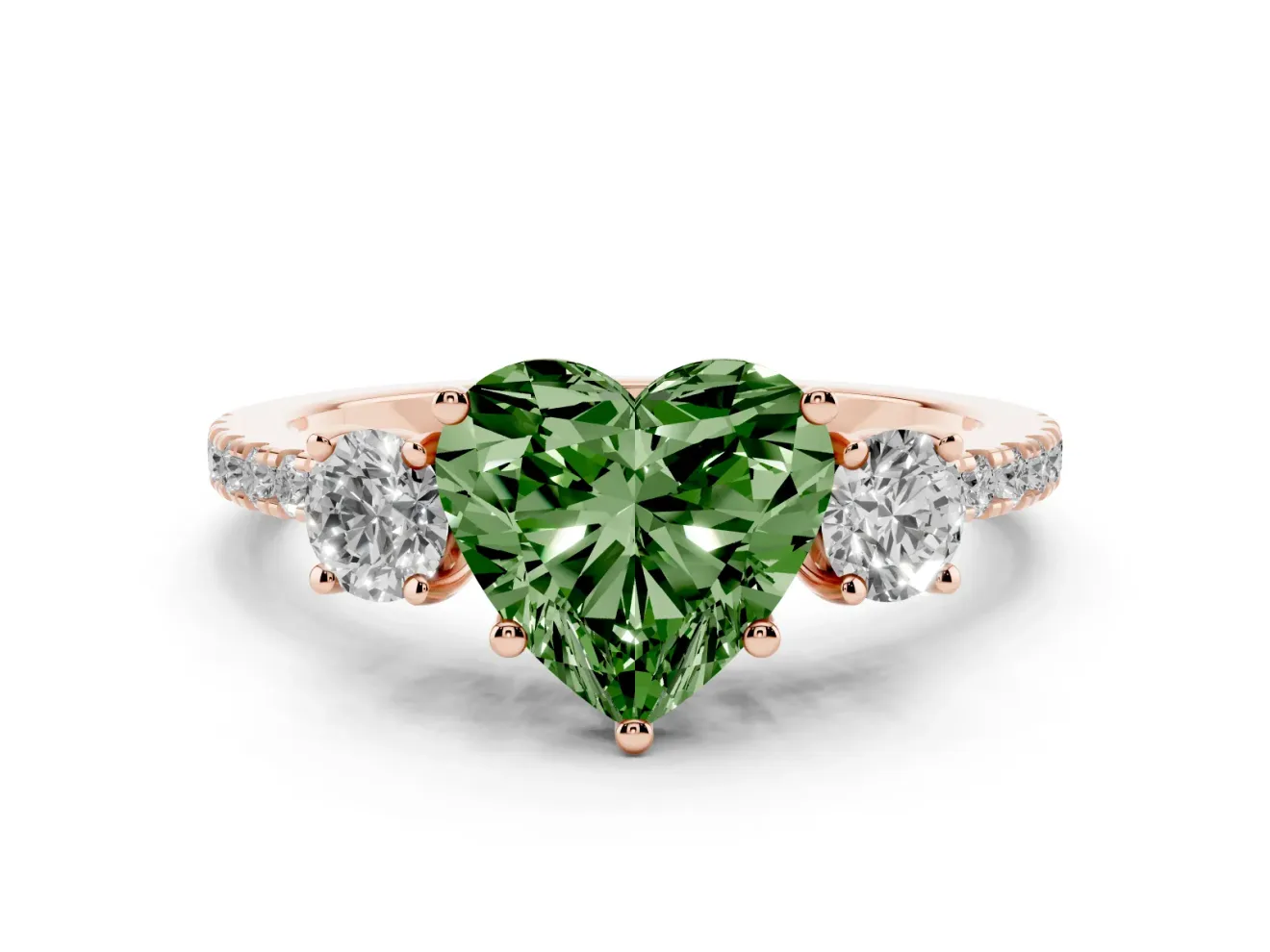 Fancy Green Heart Cut Diamond Three-Stone Ring Set in Rose gold with Pavé Band and Graduated Sides