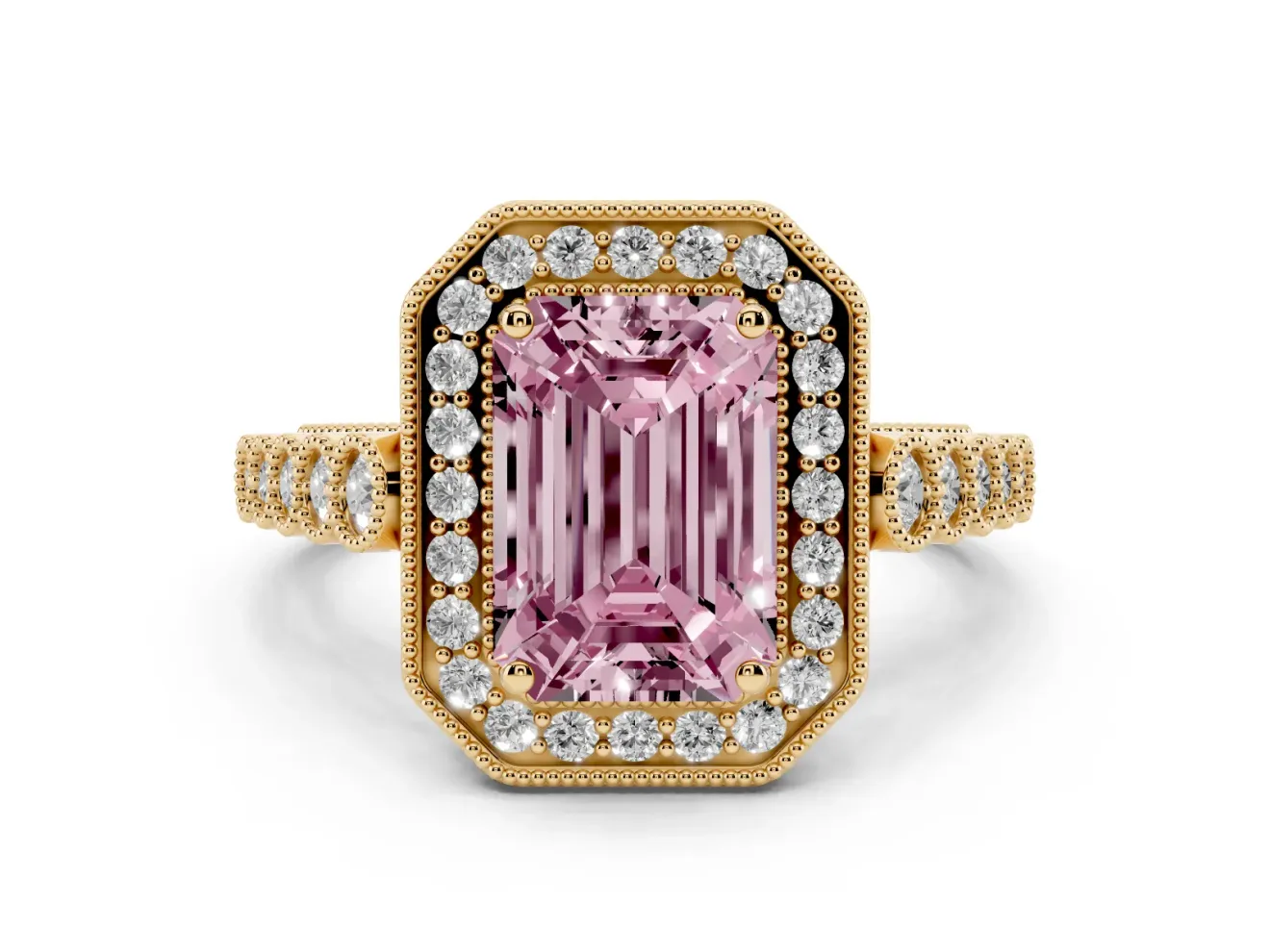 Emerald Cut Graduated Milgrain Halo Engagement Ring Setting for a Fancy Pink Lab-Grown Diamond | Yellow Gold