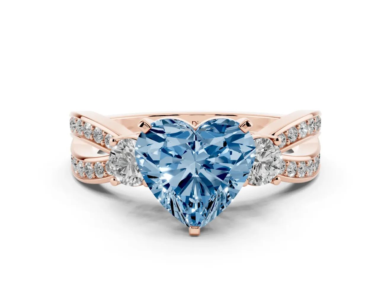 Fancy Blue Three-Stone Heart Cut Diamond Twist Band Ring Set in Rose gold with Pavé Accents and Prong Setting