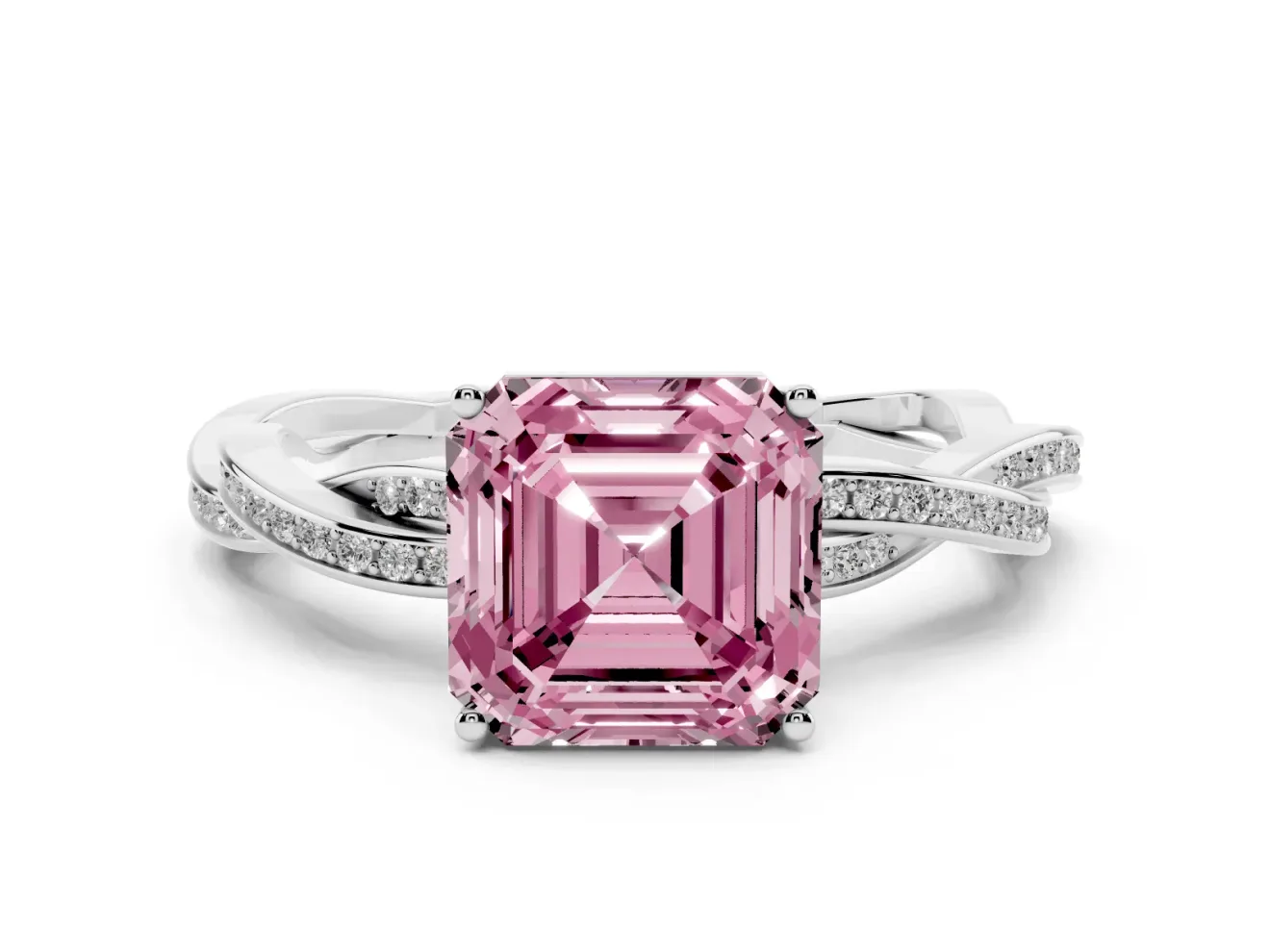 Fancy Pink Asscher Cut Diamond Solitaire Twisted Pavé Ring Set in Silver with Prong Setting