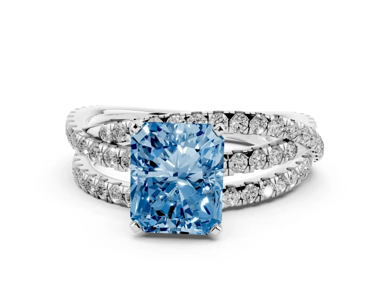 Radiant Cut Twisted Pavé Engagement Ring Setting for a Fancy Blue Lab-Grown Diamond | Platinum