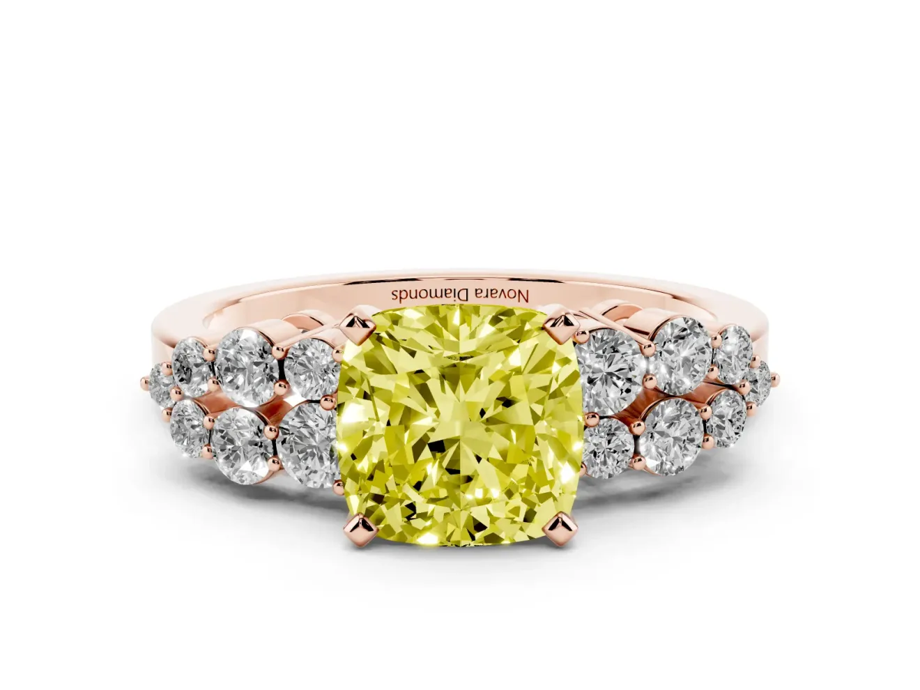 Cushion Cut Side Stone Engagement Ring Setting for a Fancy Yellow Lab-Grown Diamond | Shoulder Clusters | Rose Gold
