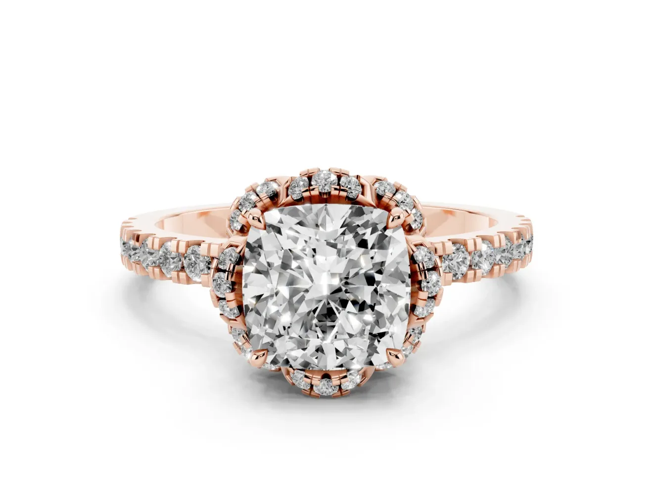 Cushion Cut Floral Petal Halo Engagement Ring Setting | Pavé Band | Rose Gold