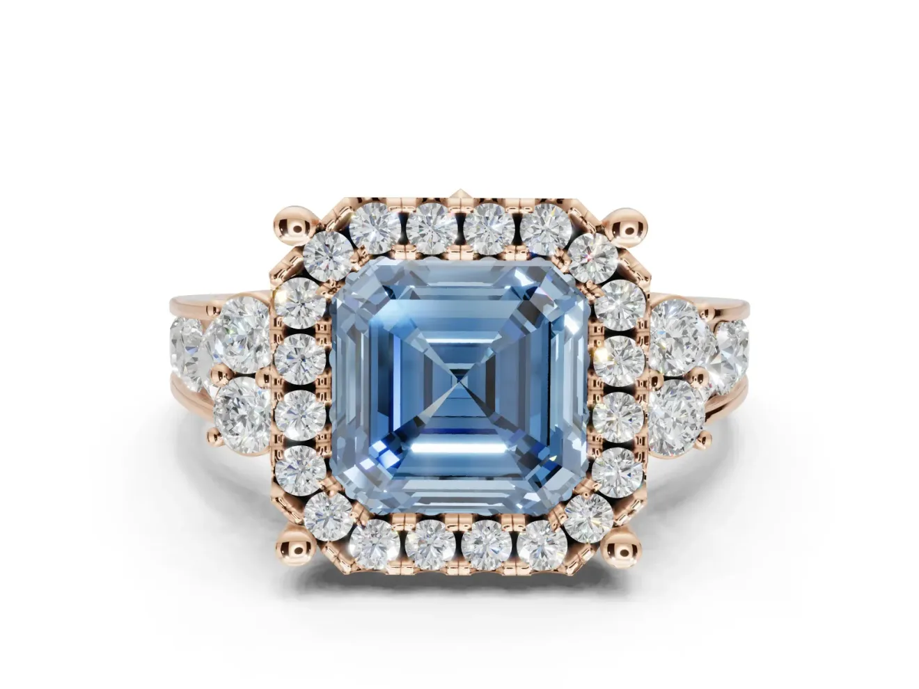 Asscher Cut Halo Engagement Ring Setting for a Fancy Blue Lab-Grown Diamond | Graduated Channel Band | Rose Gold
