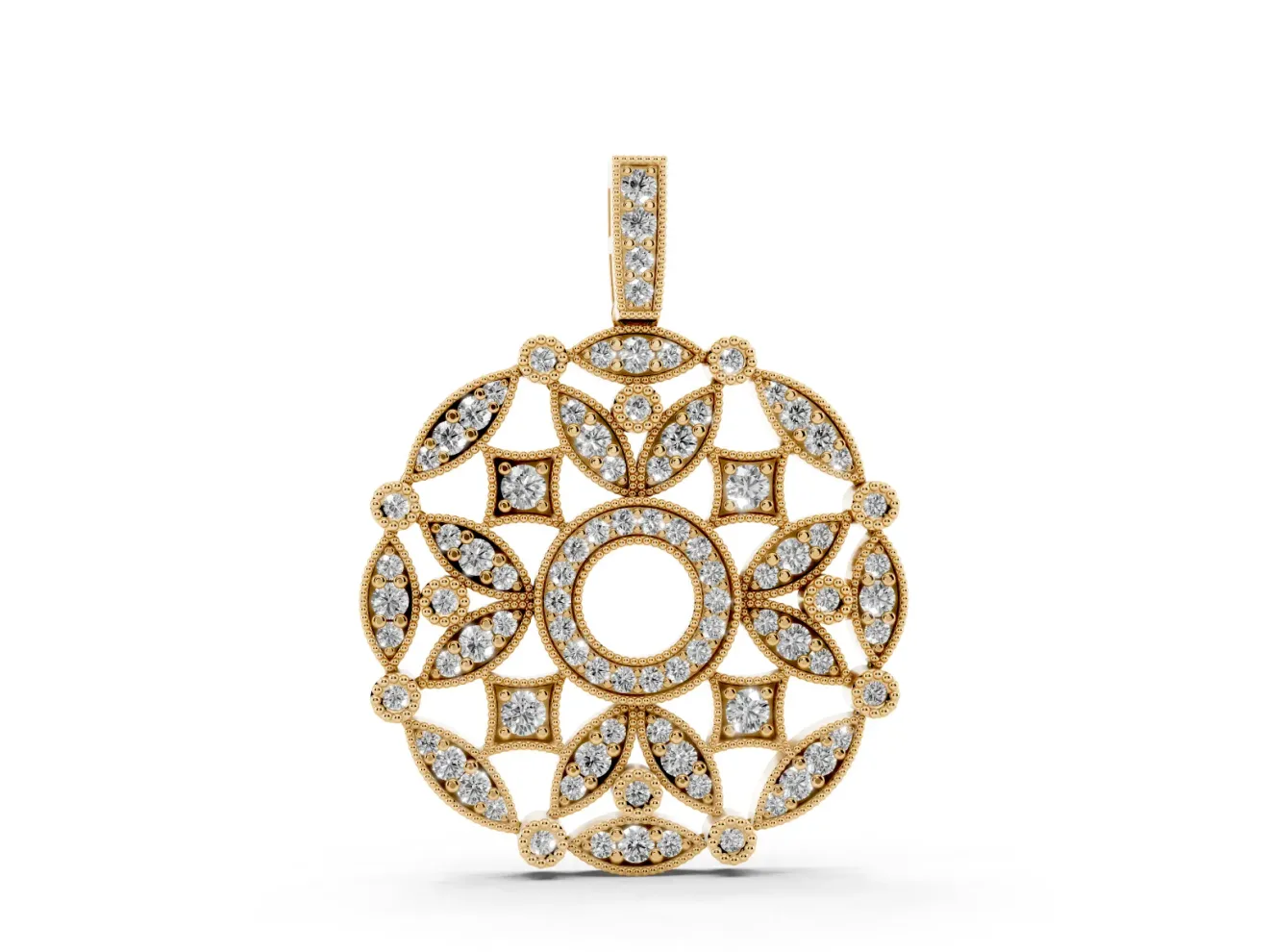 Round Lab-Grown Diamond Graduated Filigree Disc Pendant Necklace | Milgrain Edges | Yellow Gold