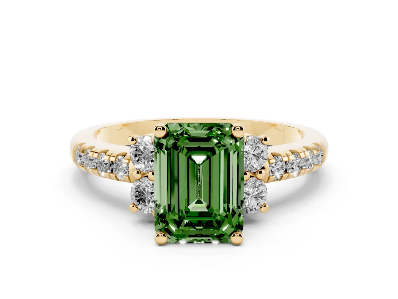 Emerald Cut Side Stone Engagement Ring Setting for a Fancy Green Lab-Grown Diamond | Pave Band | Yellow Gold