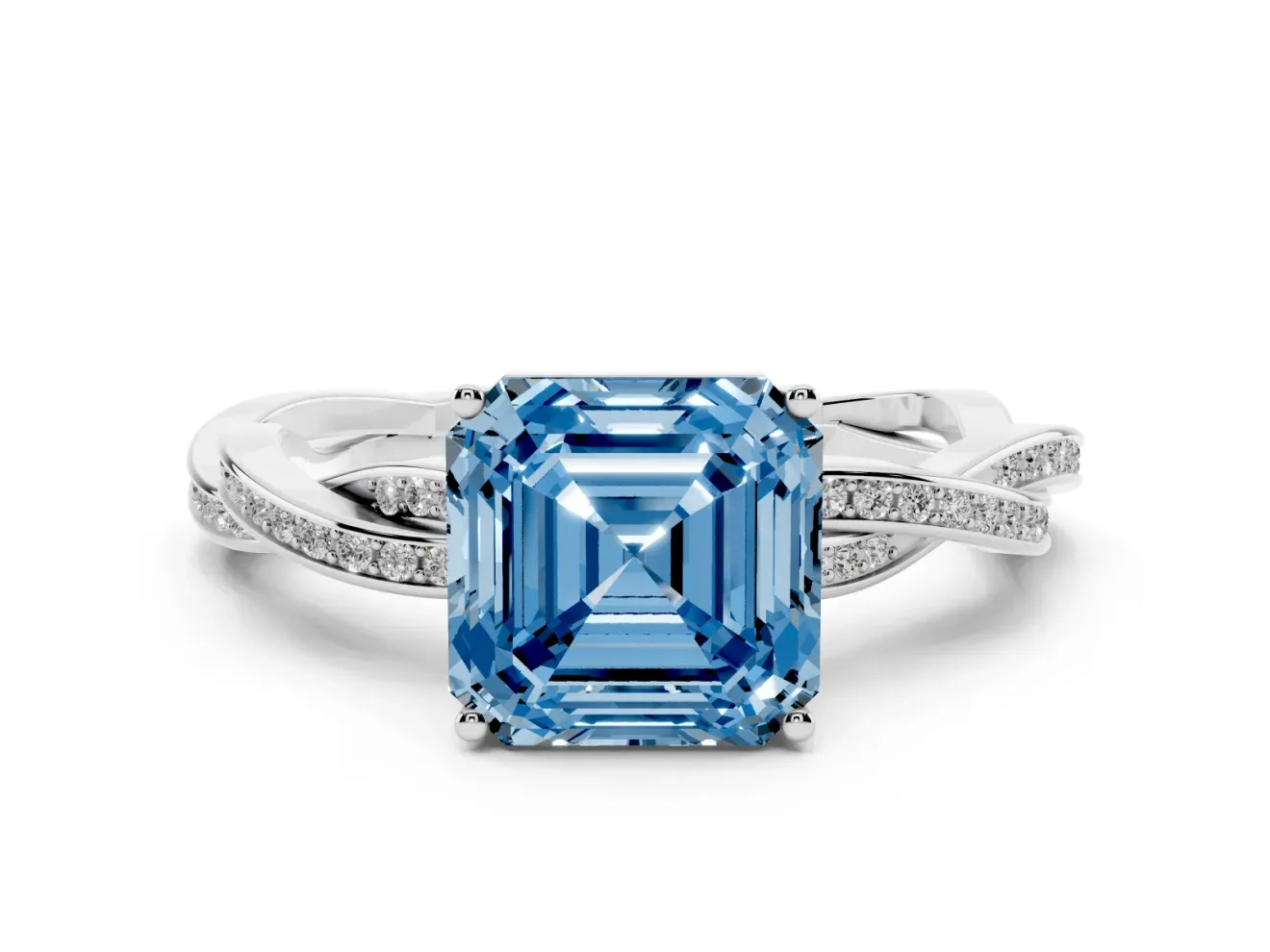 Fancy Blue Asscher Cut Diamond Solitaire Twisted Pavé Ring Set in Platinum with Prong Setting