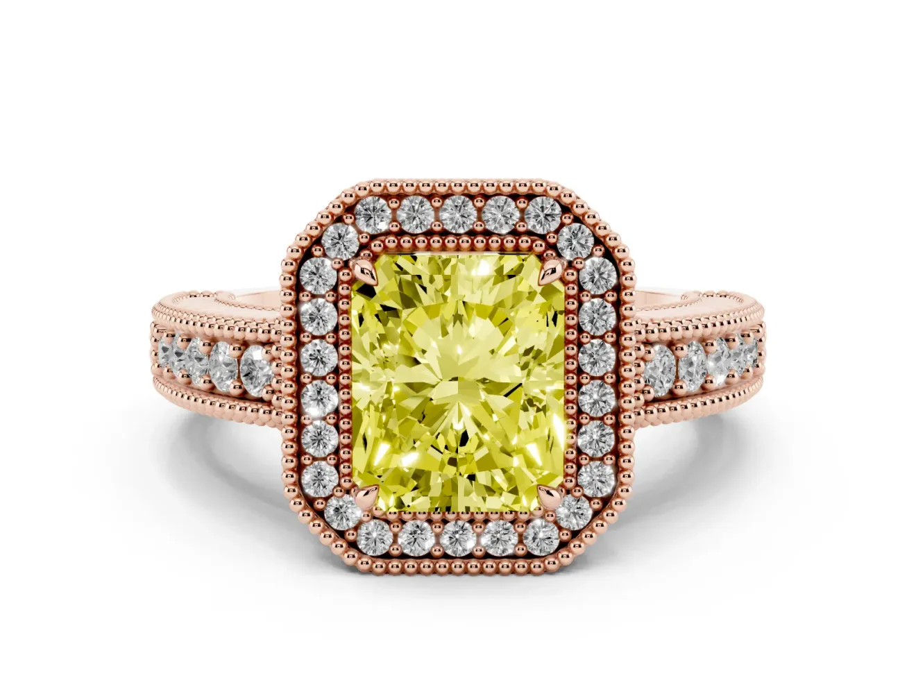 Radiant Cut Milgrain Halo Engagement Ring Setting for a Fancy Yellow Lab-Grown Diamond | Carved Leaf Detail | Rose Gold