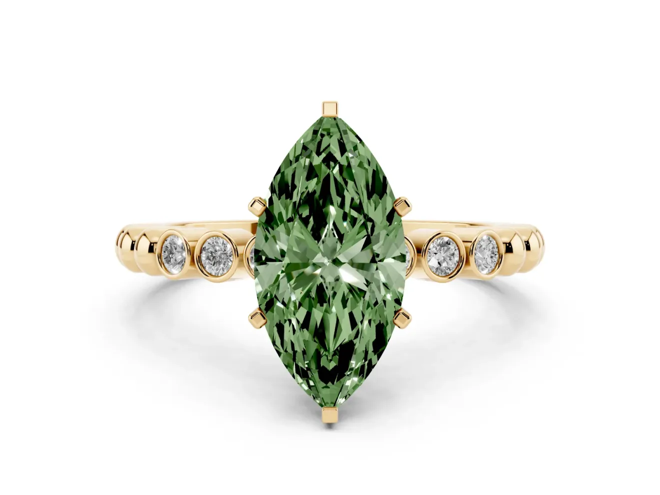 Marquise Beaded Solitaire Engagement Ring Setting for a Fancy Green Lab-Grown Diamond | Yellow Gold