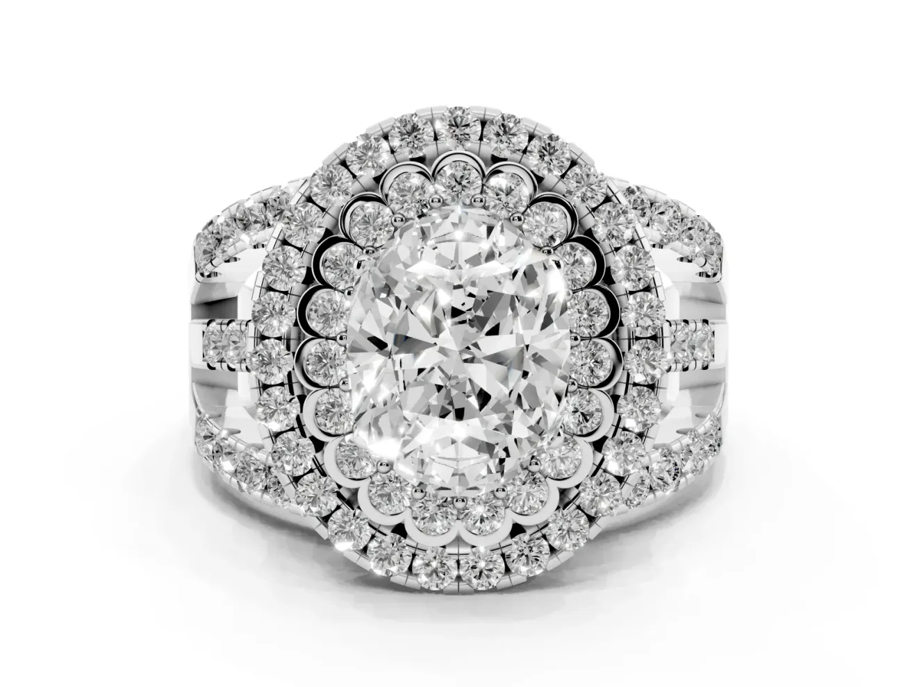 Oval Double Halo Split Shank Engagement Ring Setting | Pave Strands | White Gold