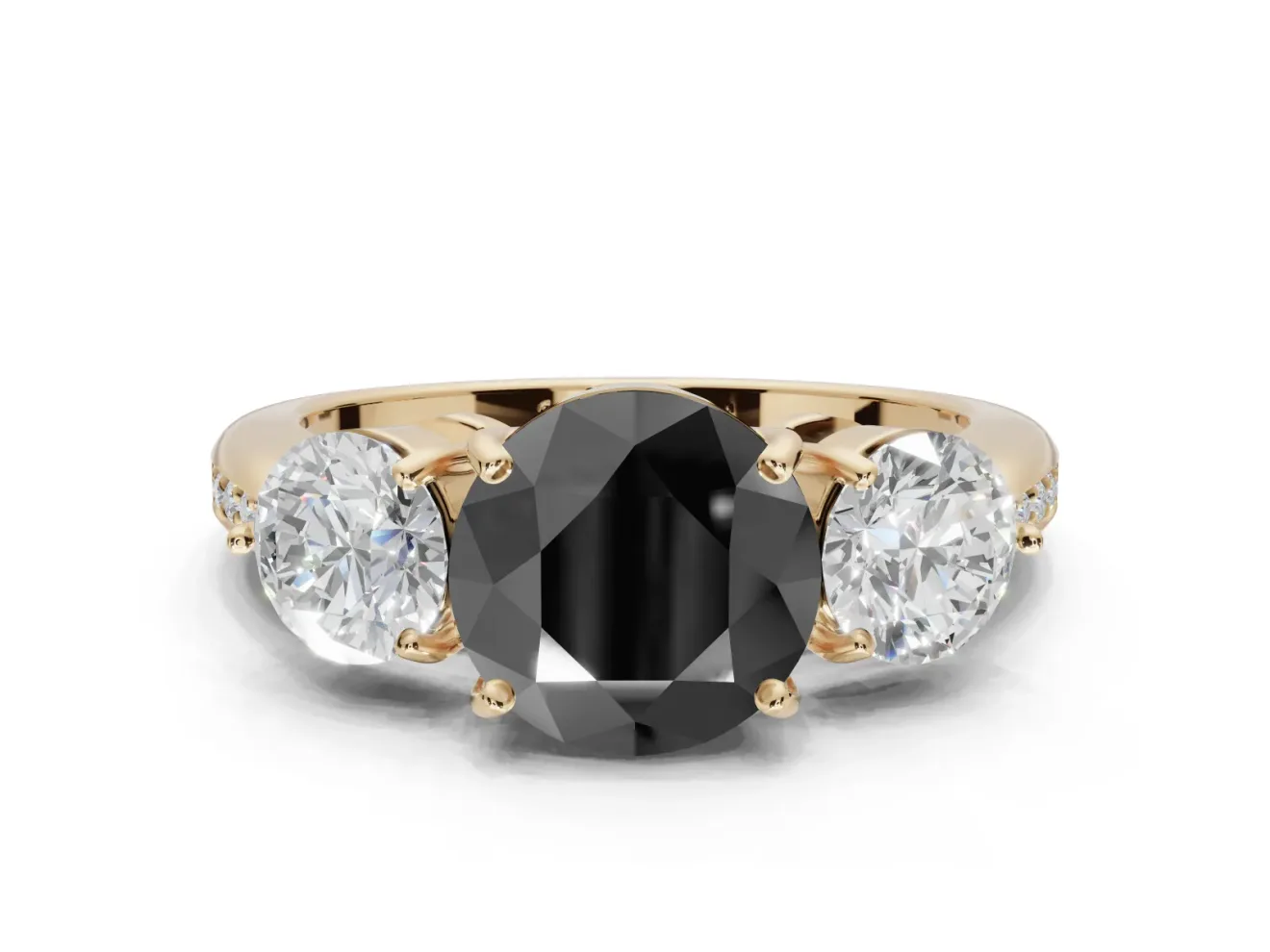 Round Three Stone Engagement Ring Setting for a Black Center | Tapered Pavé Band | Yellow Gold