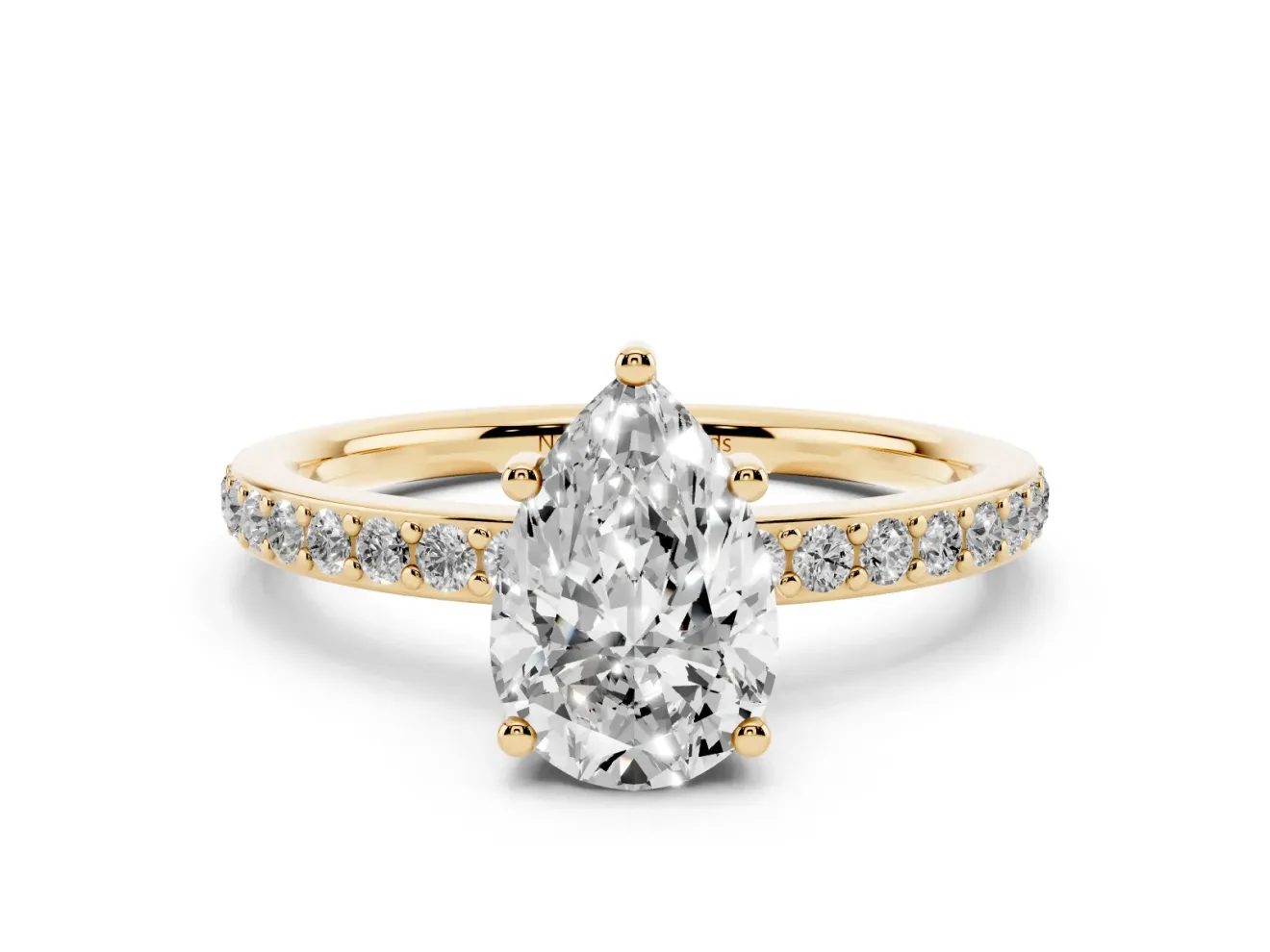 Pear Cut Diamond Pavé Band Ring Set in Yellow gold with Prong-Set Center Stone