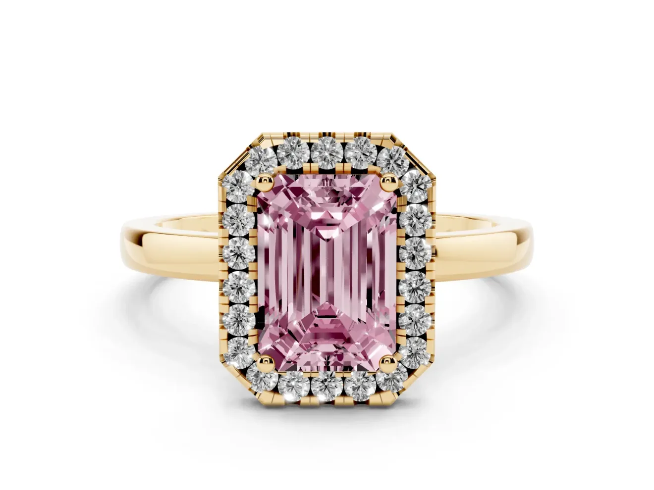 Emerald Cut Thin Halo Engagement Ring Setting for a Fancy Pink Lab-Grown Diamond | Plain Polished Band | Yellow Gold
