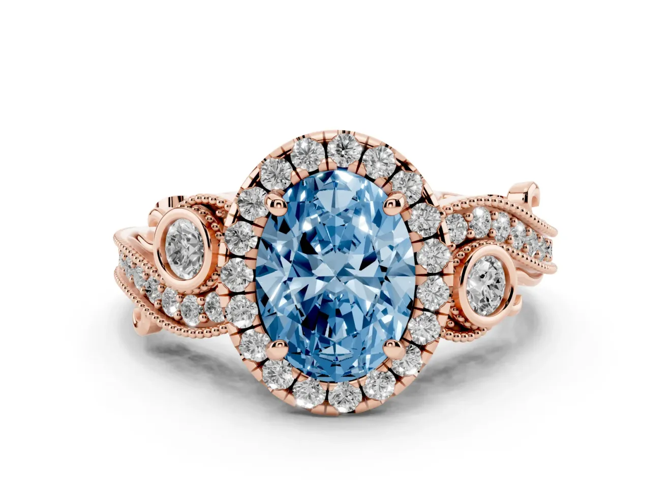 Fancy Blue Oval Cut Diamond Halo Ring Set in Rose gold with Milgrain Pavé Band and Prong Setting