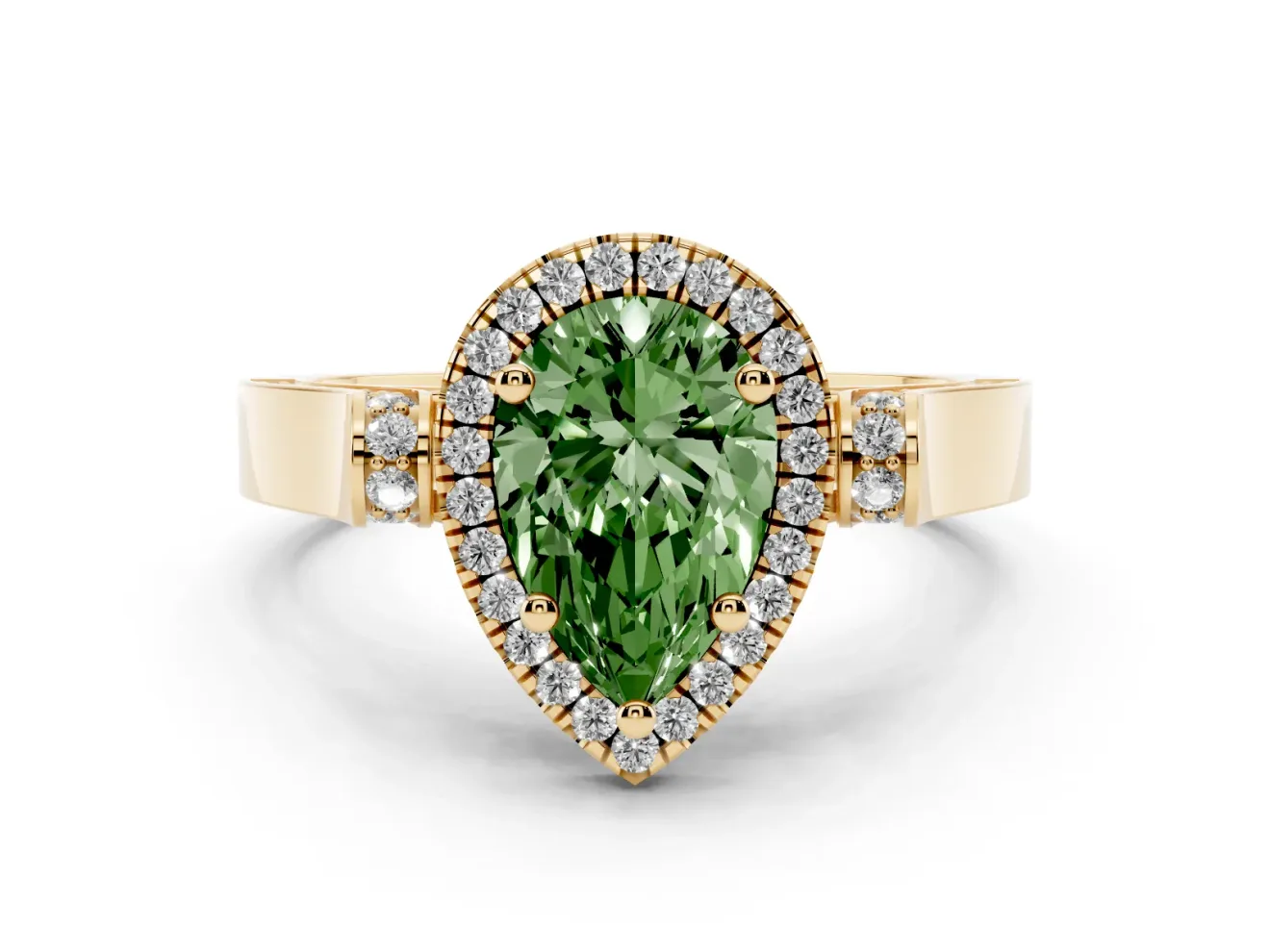Pear-Shaped Halo Engagement Ring Setting for a Fancy Green Lab-Grown Diamond | Pavé Panel Shoulders | Yellow Gold