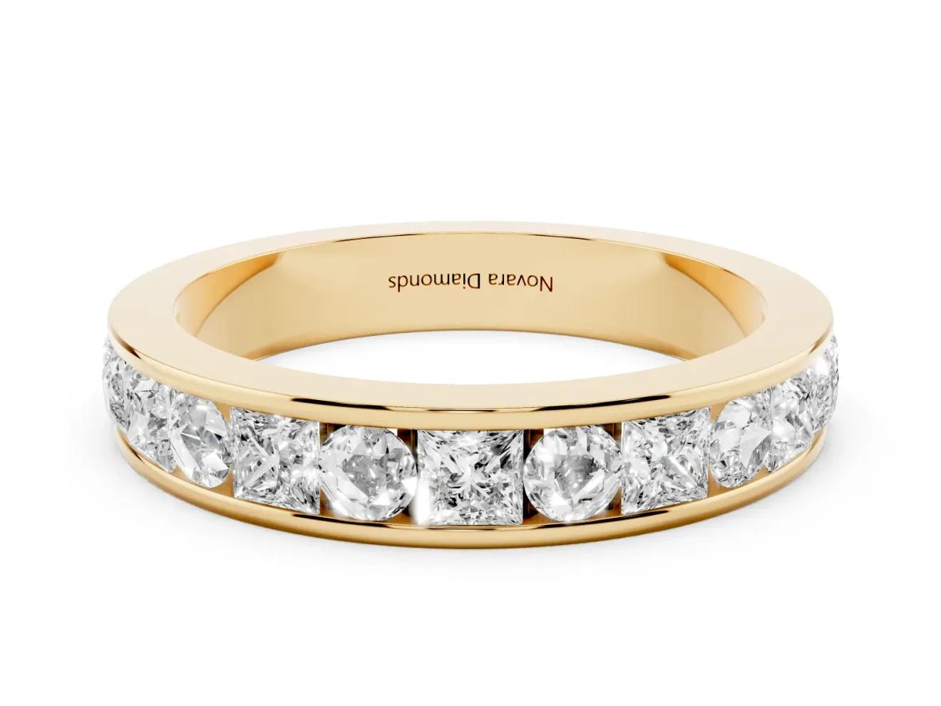 Princess Diamond Channel Set Promise Ring Set in Yellow gold with Round Accent Stations