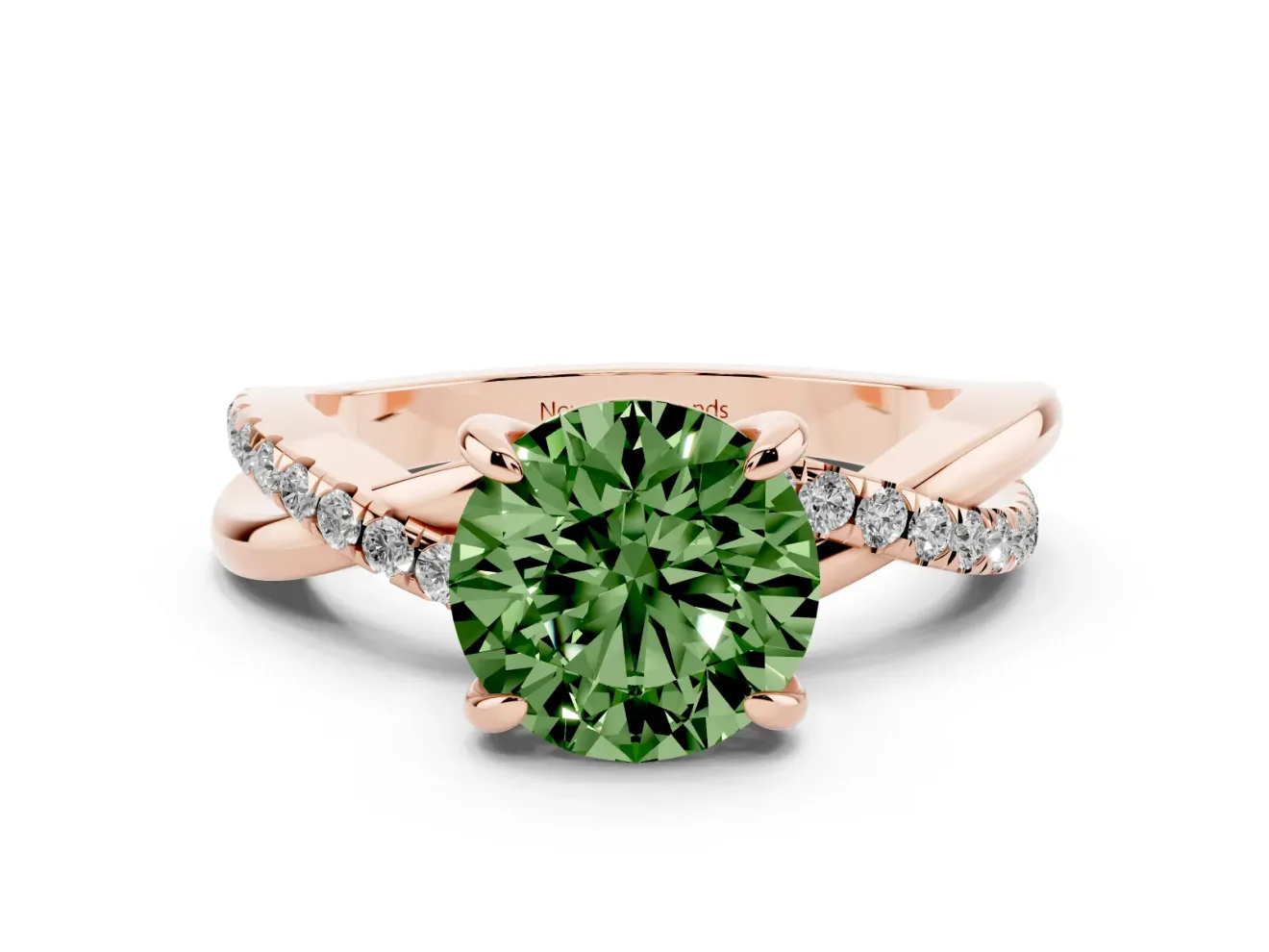 Fancy Green Round Cut Diamond Twist Band Solitaire Set in Rose gold with Pavé Accents and Prong Setting