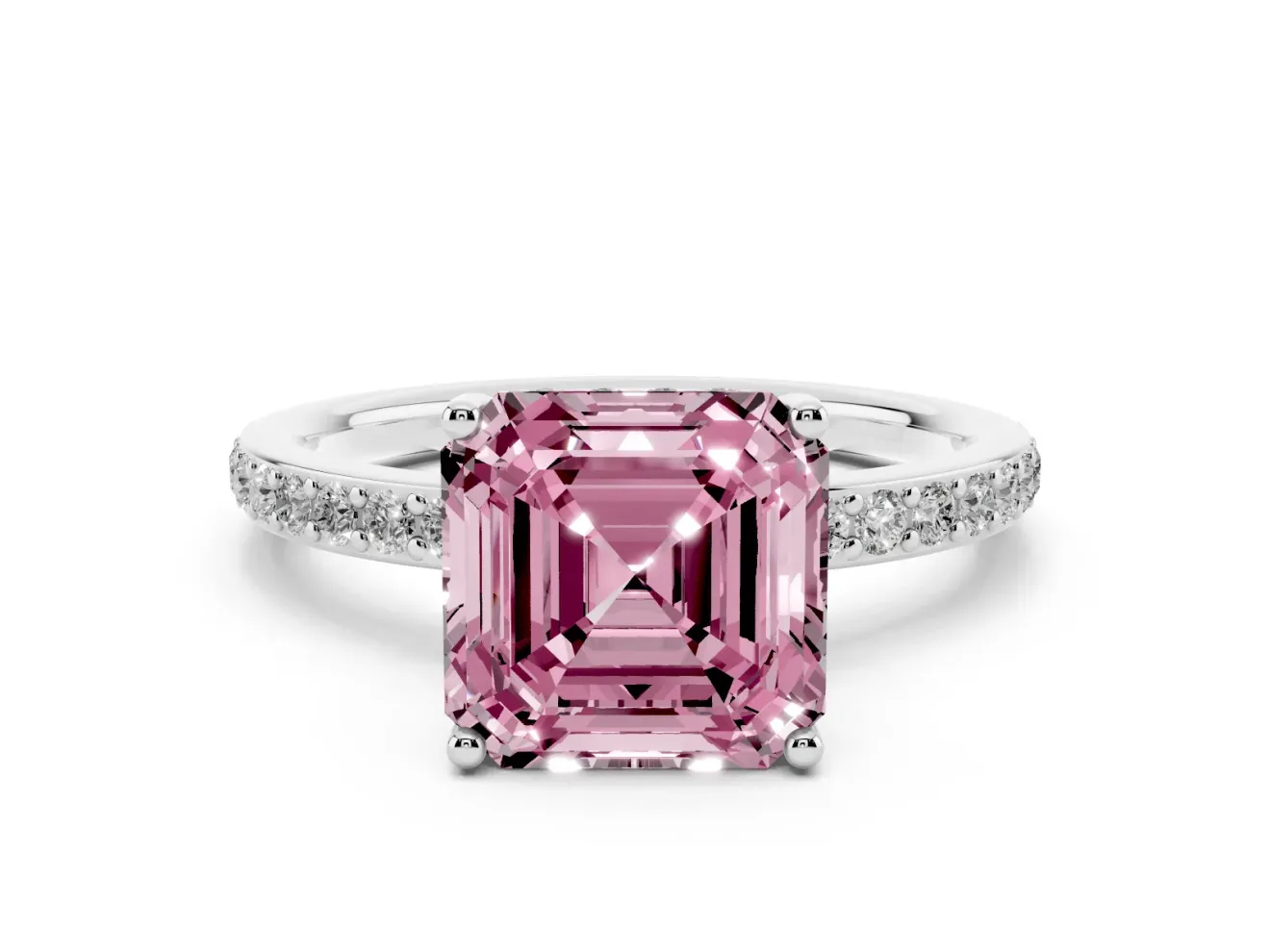 Fancy Pink Asscher Cut Diamond Pavé Band Ring Set in Platinum with Prong-Set Center Stone