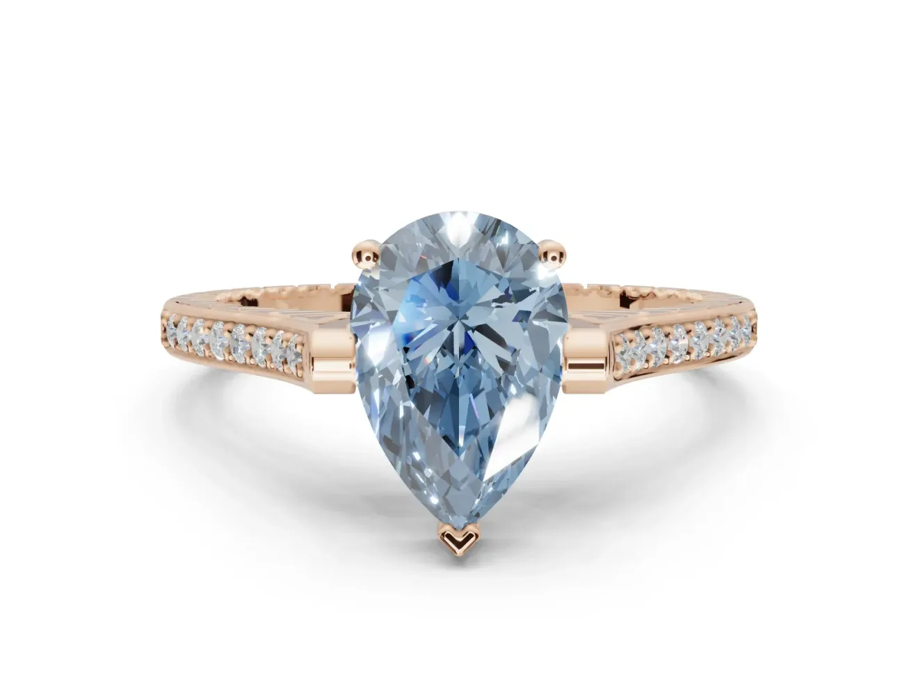 Pear-Shaped Vintage Cathedral Engagement Ring Setting for a Fancy Blue Lab-Grown Diamond | Carved Band | Rose Gold