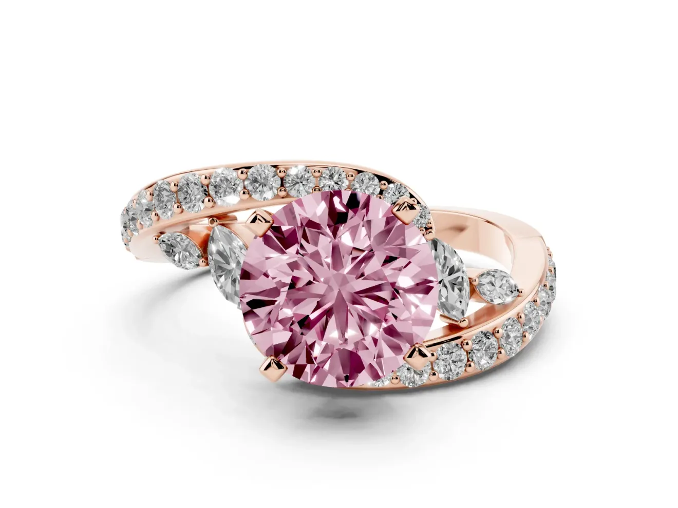 Fancy Pink Round Cut Diamond Solitaire Ring Set in Rose gold with Pavé Twist Band and Secure Prong Setting