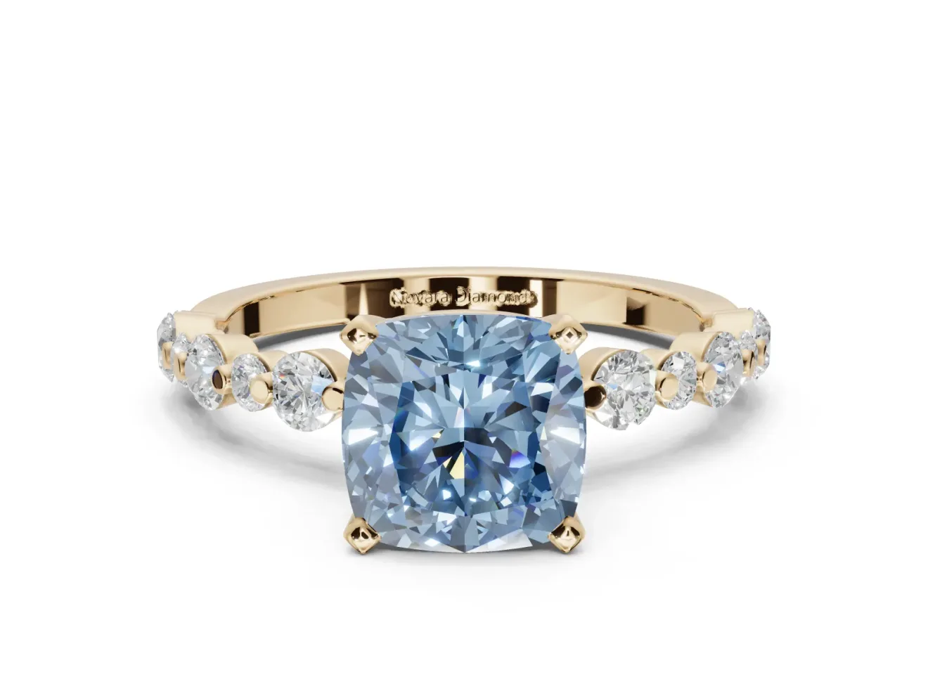 Cushion Cut Pavé Engagement Ring Setting for a Fancy Blue Lab-Grown Diamond | Alternating Accents | Yellow Gold