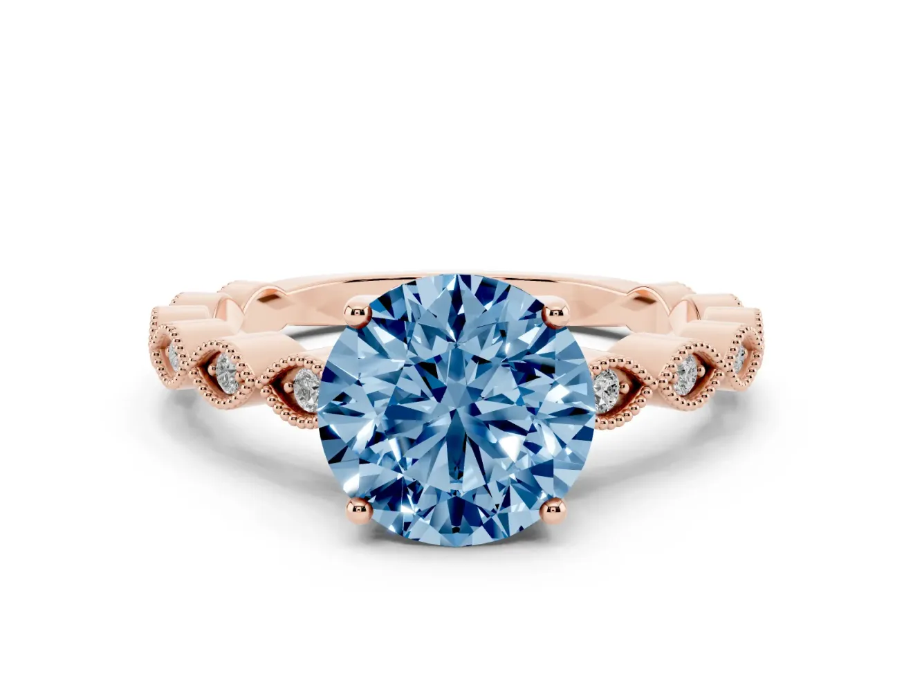 Fancy Blue Round Cut Diamond Solitaire Ring Set in Rose gold with Infinity Twist Pavé Band