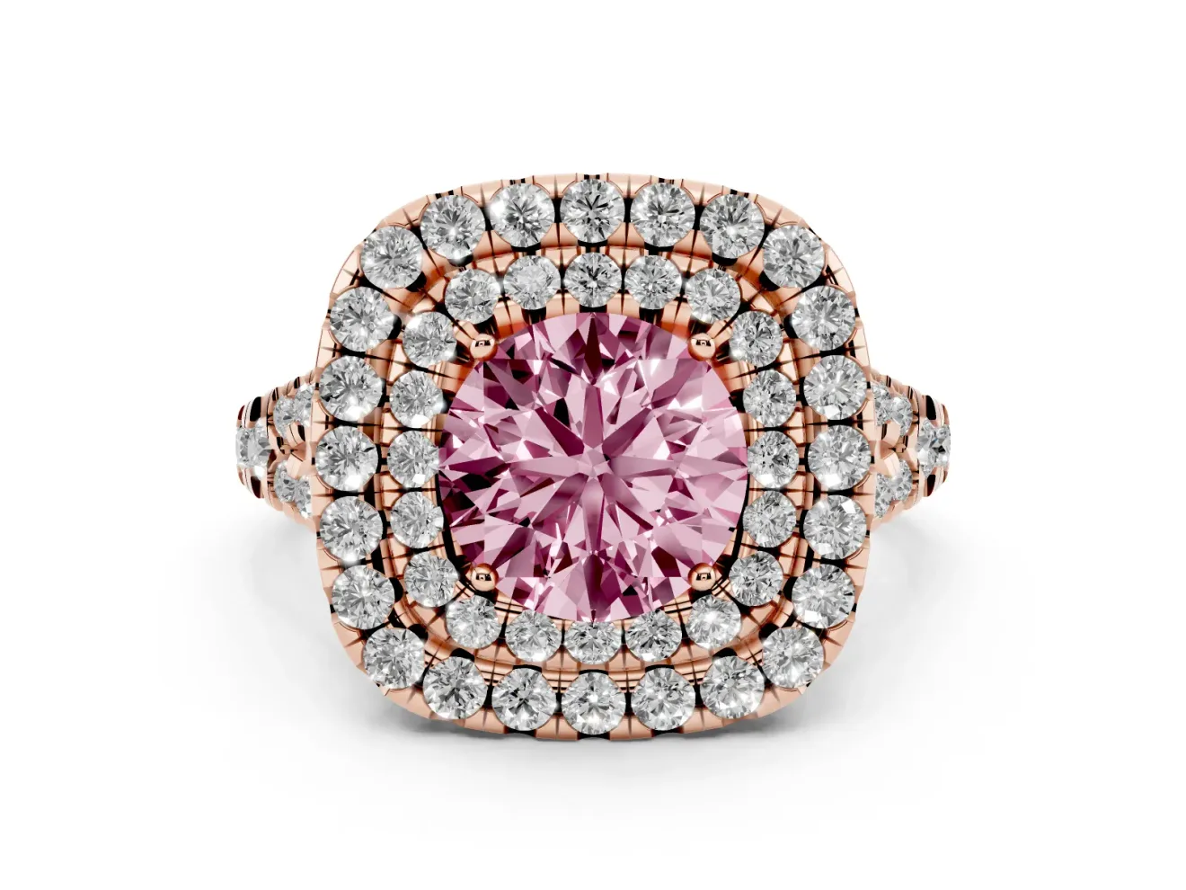 Round Halo Split Shank Engagement Ring Setting for a Fancy Pink Lab-Grown Diamond | Pavé Strands | Rose Gold