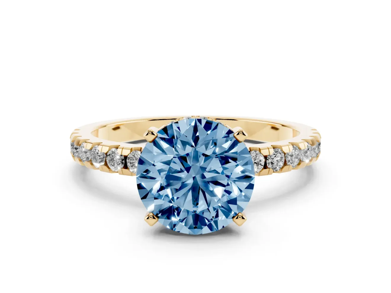 Round Hidden Halo Solitaire Engagement Ring Setting for a Fancy Blue Lab-Grown Diamond | Pave Band | Yellow Gold