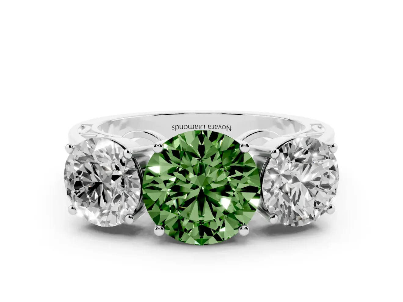 Round Engagement Ring Setting for a Fancy Green Lab-Grown Diamond | Three Stone | White Gold