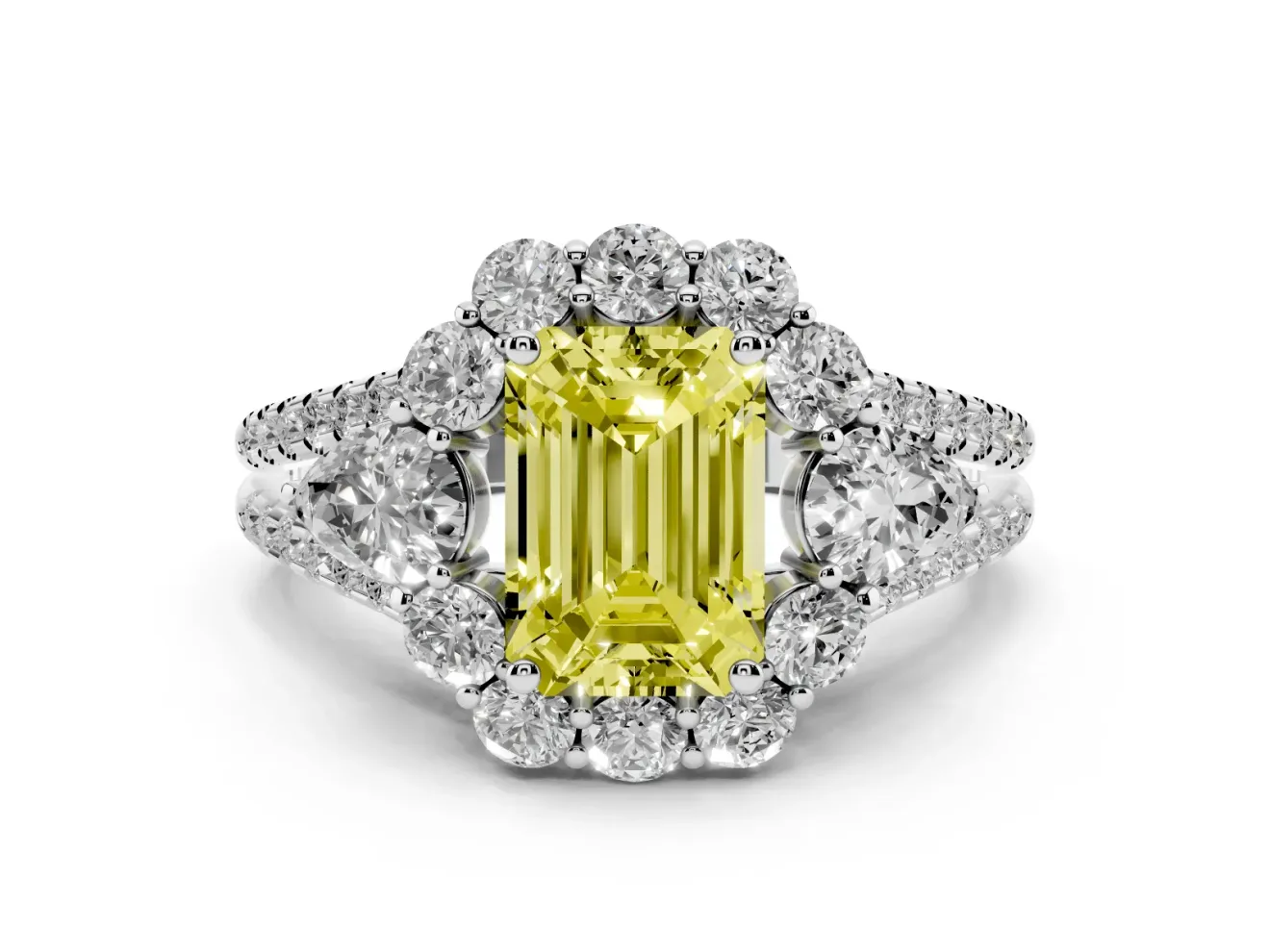 Fancy Yellow Emerald Cut Diamond Halo Split Shank Engagement Ring Set in Silver with Prong-Held Center Stone