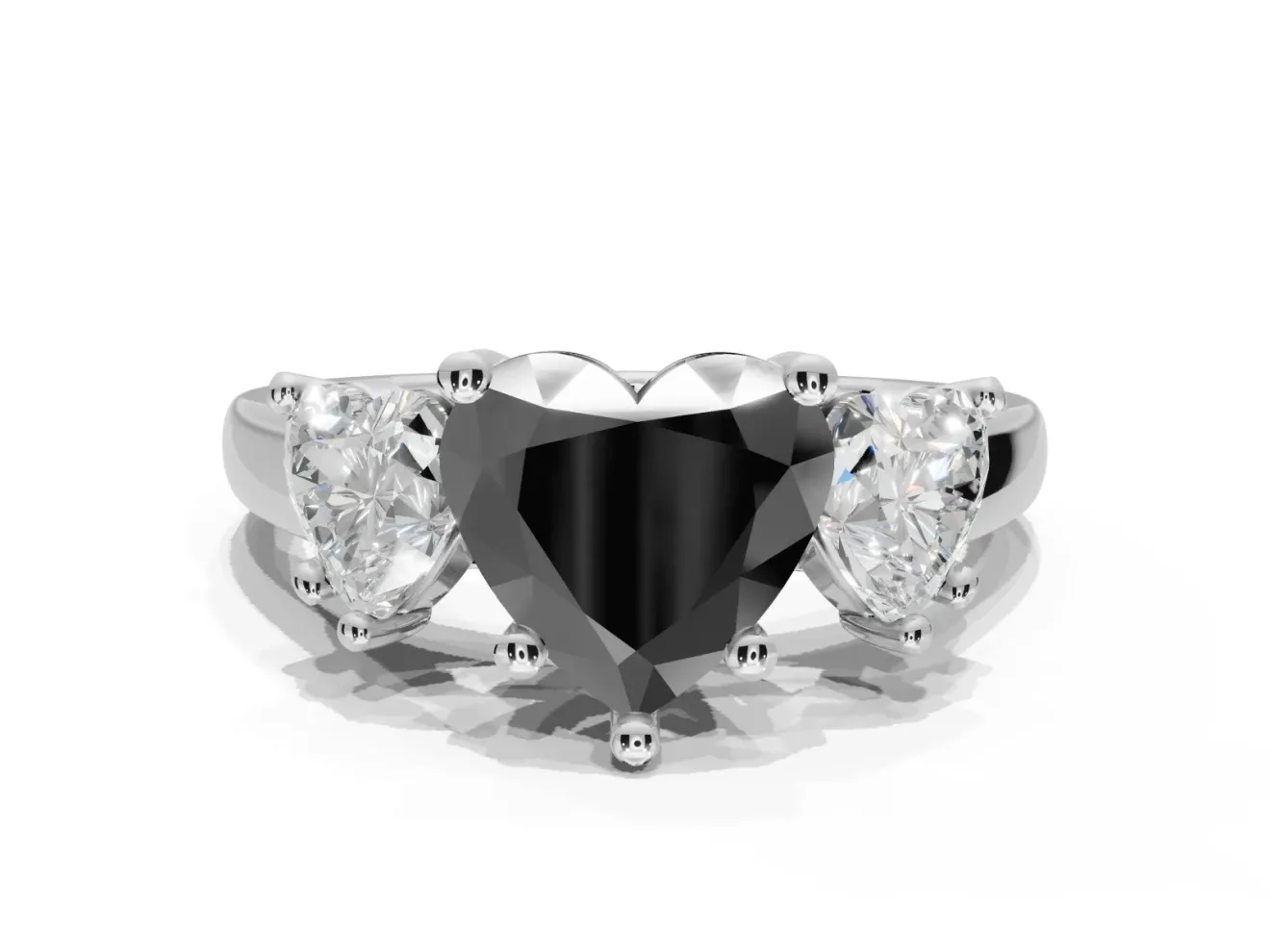 Heart-Shaped Three Stone Engagement Ring Setting for a Black Center | Tapered Band | White Gold