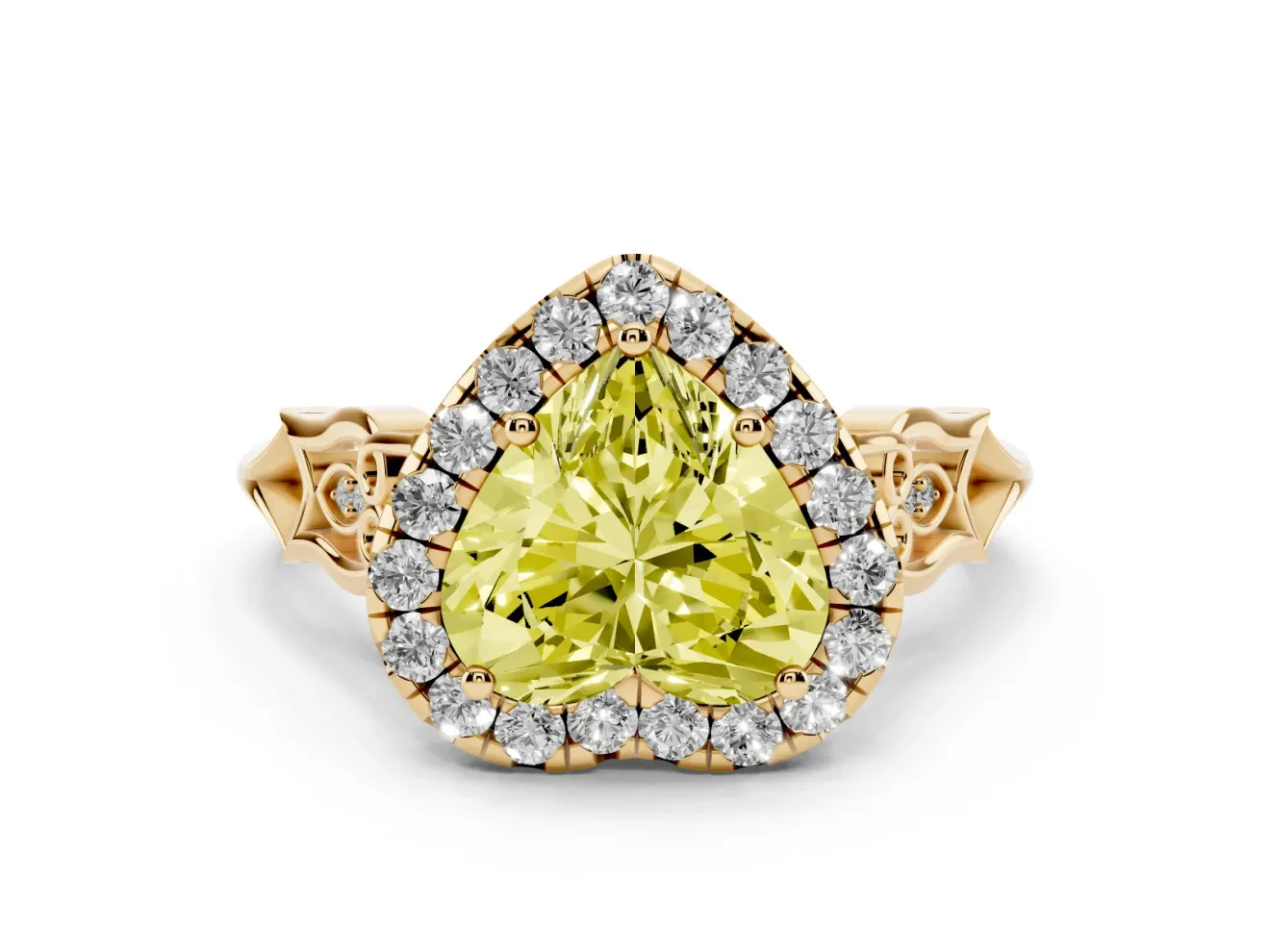 Heart-Shaped Halo Engagement Ring Setting for a Fancy Yellow Lab-Grown Diamond | Filigree Shoulders | Yellow Gold