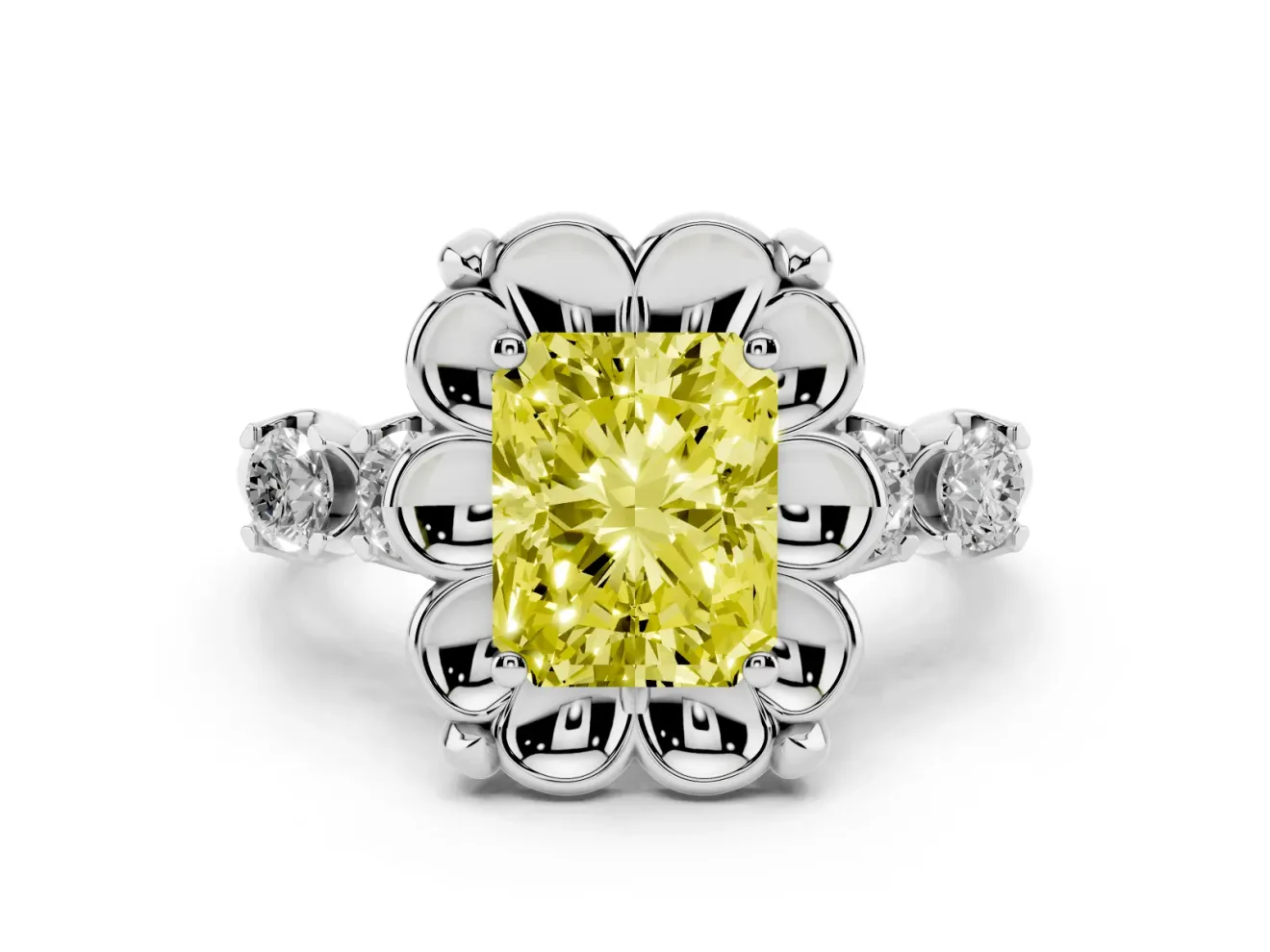 Radiant Cut Floral Engagement Ring Setting for a Fancy Yellow Lab-Grown Diamond | Petal Frame | Sterling Silver