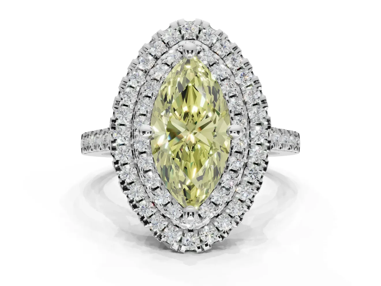 Canary Yellow Marquise Lab-Grown Diamond Double Halo Statement Ring Set in White Gold with Pavé Band