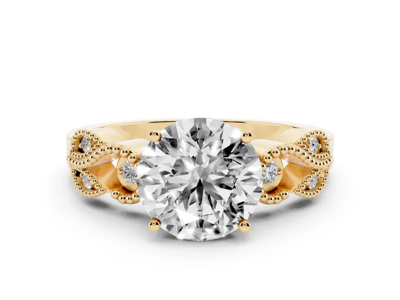 Round Cut Diamond Milgrain Leaf Band Solitaire Ring Set in Yellow gold with Accent Stones and Prong Setting