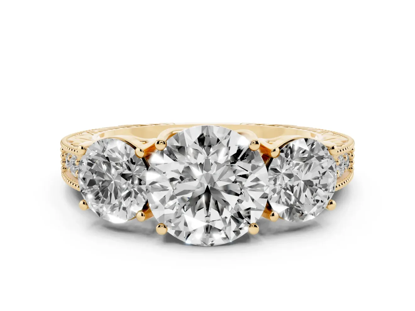 Round Vintage Three Stone Engagement Ring Setting | Milgrain Pavé Band | Yellow Gold