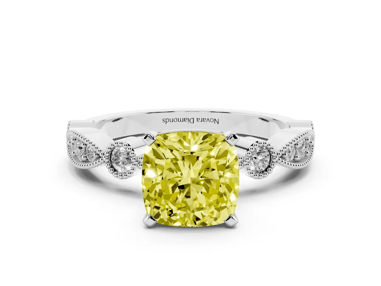 Fancy Yellow Cushion Cut Diamond Solitaire Engagement Ring Set in White gold with Milgrain Bezel Accent Band