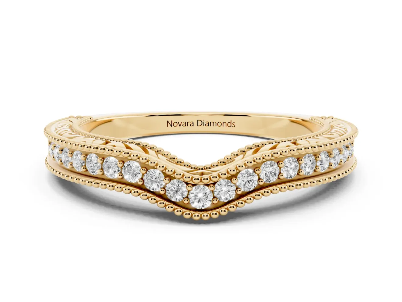 Round Diamond Curved Milgrain Band Set in Yellow gold with Pavé Row