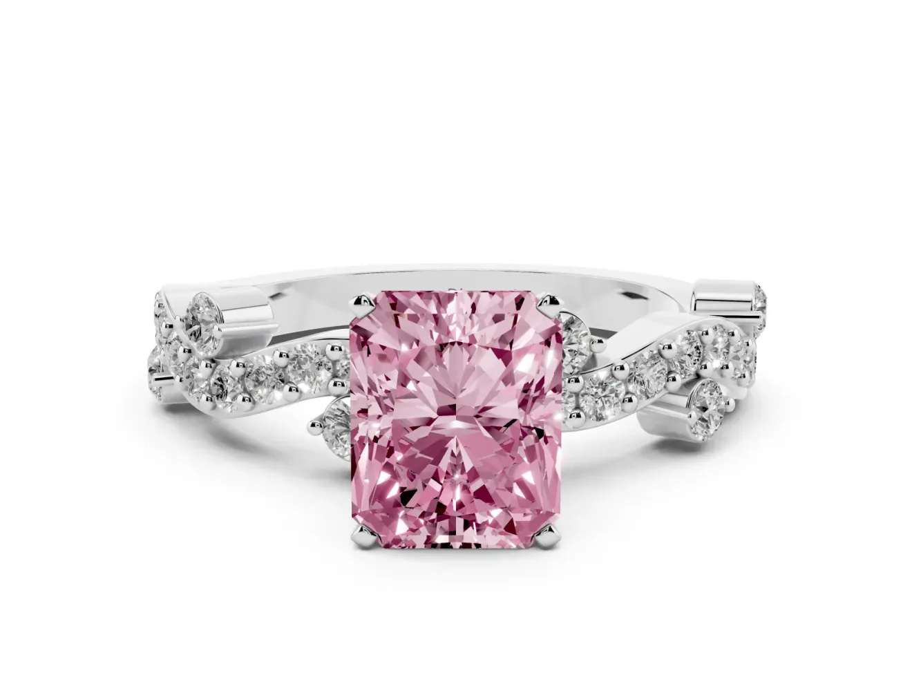 Fancy Pink Radiant Cut Diamond Solitaire Twisted Band Set in Silver with Pavé Setting