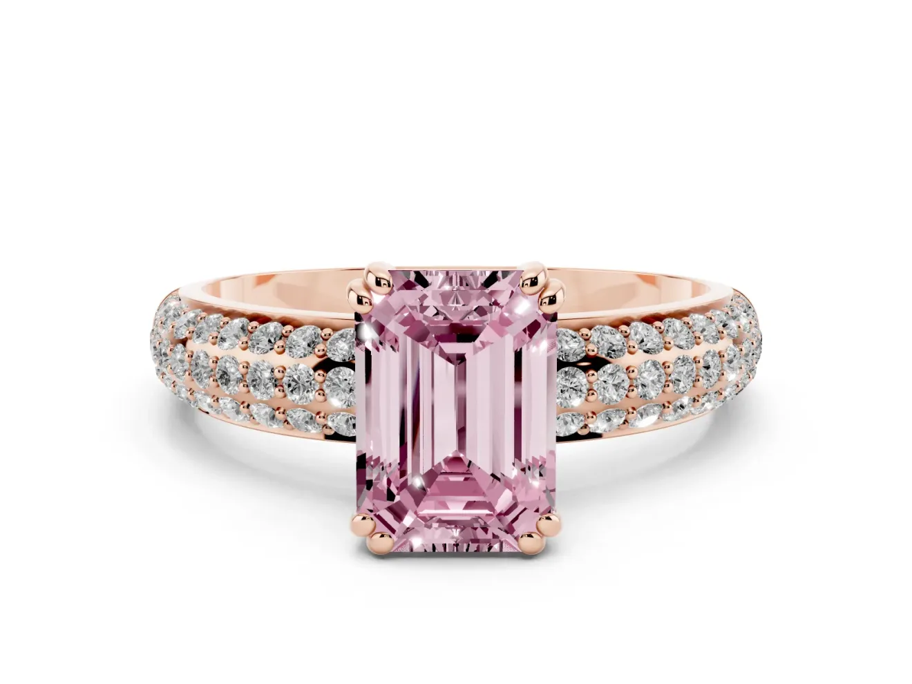 Emerald Cut Three Row Pave Engagement Ring Setting for a Fancy Pink Lab-Grown Diamond | Rose Gold