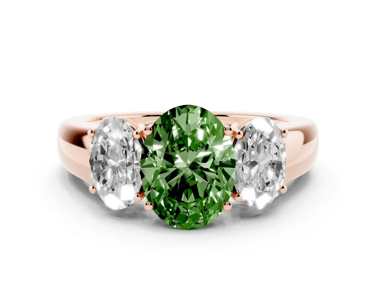 Fancy Green Three-Stone Oval Cut Diamond Ring Set in Rose gold with Matching Prong Settings and Plain Band