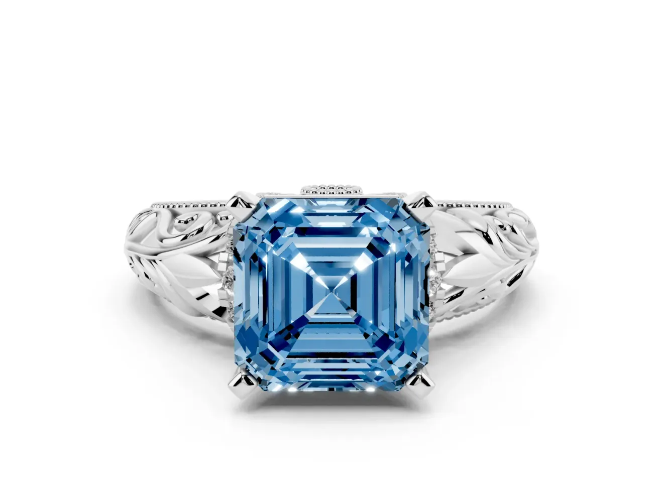 Fancy Blue Asscher Cut Diamond Filigree Halo Engagement Ring Set in White gold with Prong Setting