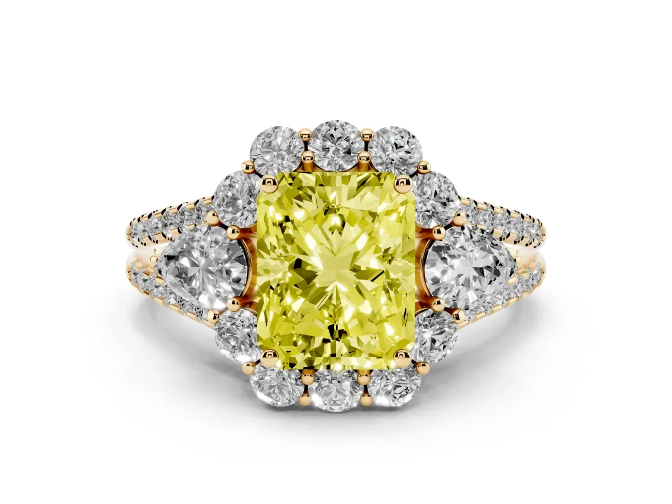 Fancy Yellow Radiant Cut Diamond Halo Split Shank Engagement Ring Set in Yellow gold with Prong-Held Center Stone